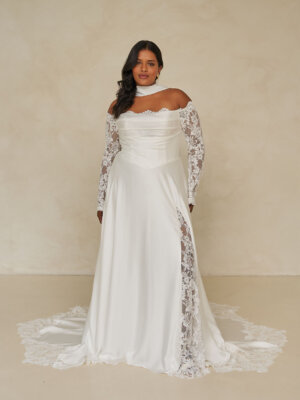 ward cleanes brautkleid mit spitzendetails und schlitz