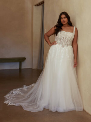 Curvy Brautkleid A-Linie mit Spitzenkorsage und Tüllrock in Cuxhaven bei Stade.