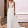 Fließendes Brautkleid aus Chiffon mit schmalen Spaghettiträgern, tiefem V-Ausschnitt und einer seitlich transparenten Spitzencorsage