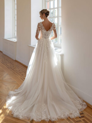 A-Linien-Brautkleid mit langen Illusions-Ärmeln, tiefem V-Ausschnitt und Blatt-Spitzenapplikationen