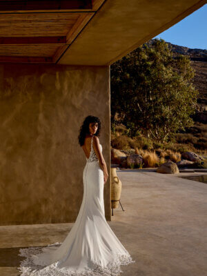 Fit-and-Flare Brautkleid schlicht mit tiefem Spitzenrücken und langer Schleppe.