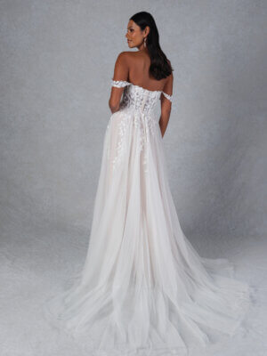 Brautkleid A-Linie mit Spitzenkorsage, hohen Beinschlitz und abnehmbaren Carmen-Trägern